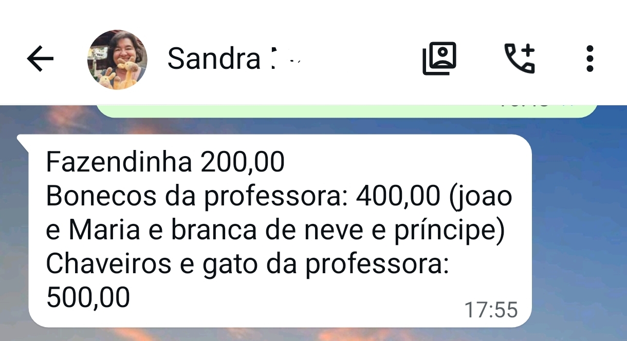 Mensagem da Sandra com a lista das encomendas e os valores