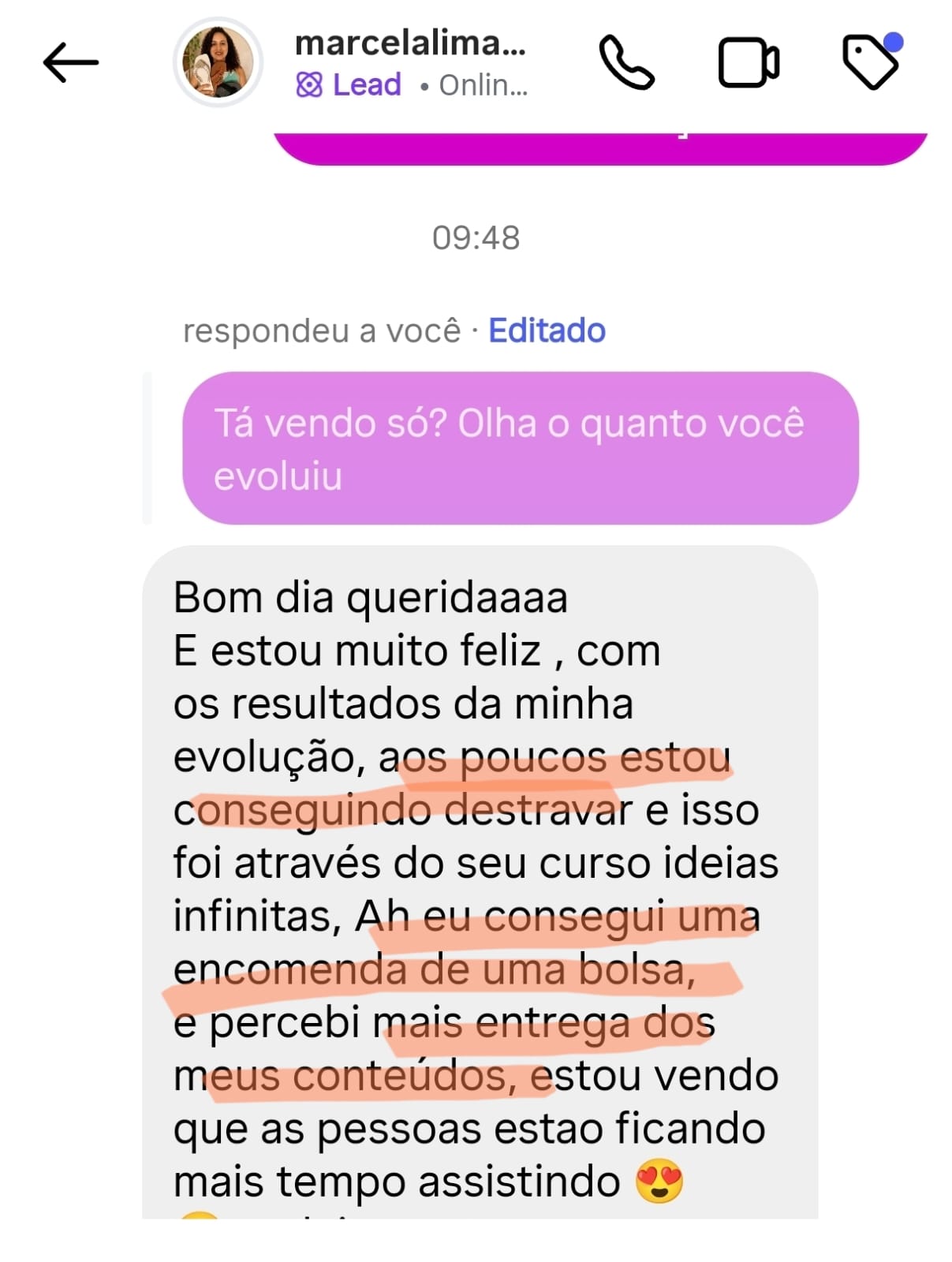 Mensagem da Marcela sobre encomenda de bolsa