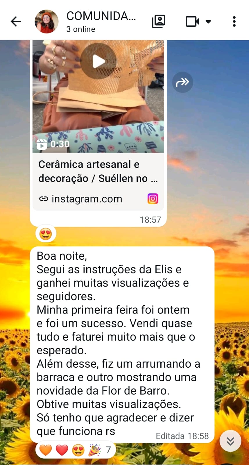Mensagem da Suéllen sobre visualizações e a primeira feira